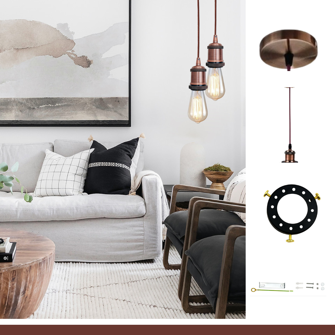 Vintage Copper Pendant Light Lamp Set~3260-4