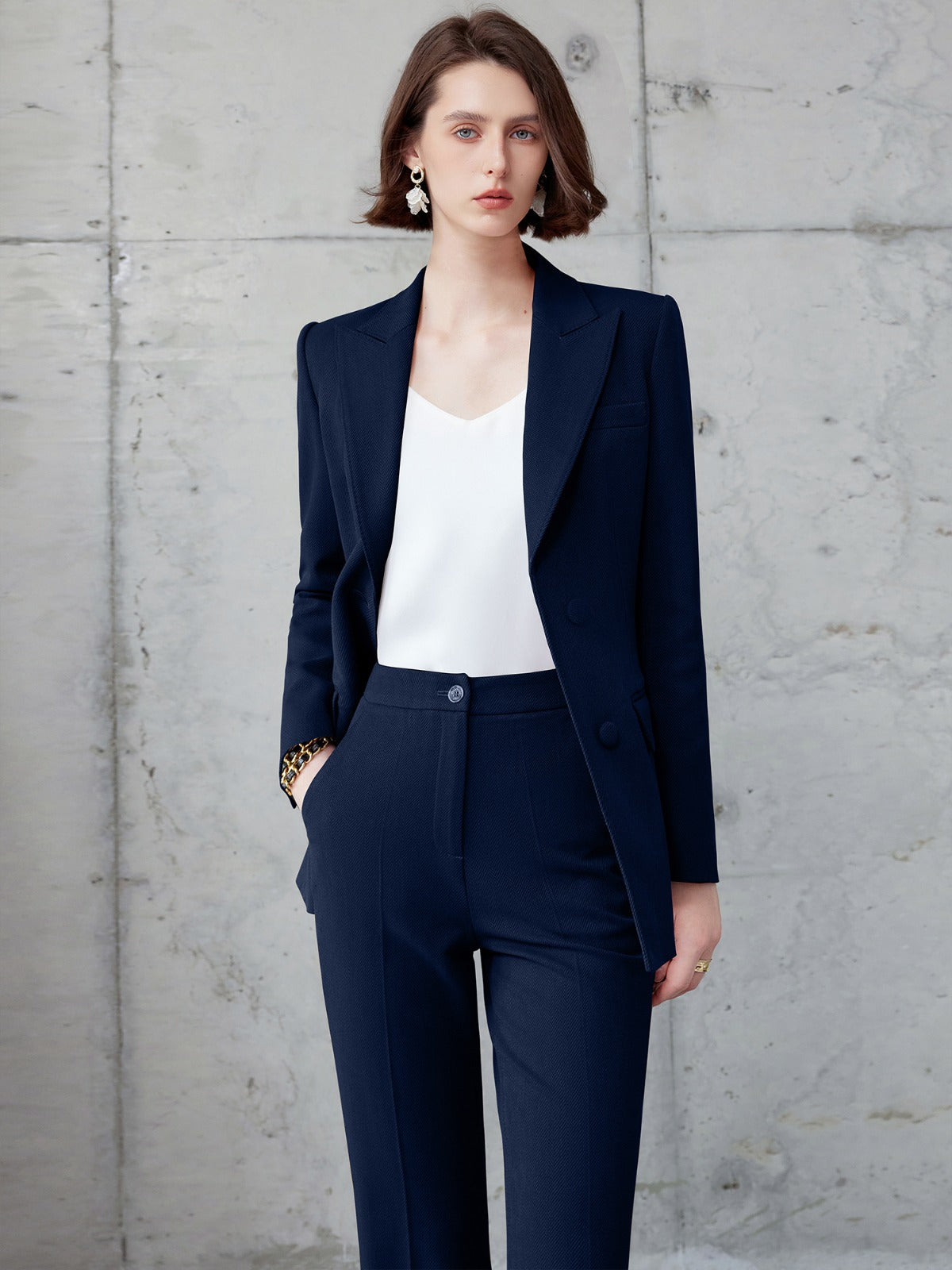 The redefined wide-leg navy pantsuit